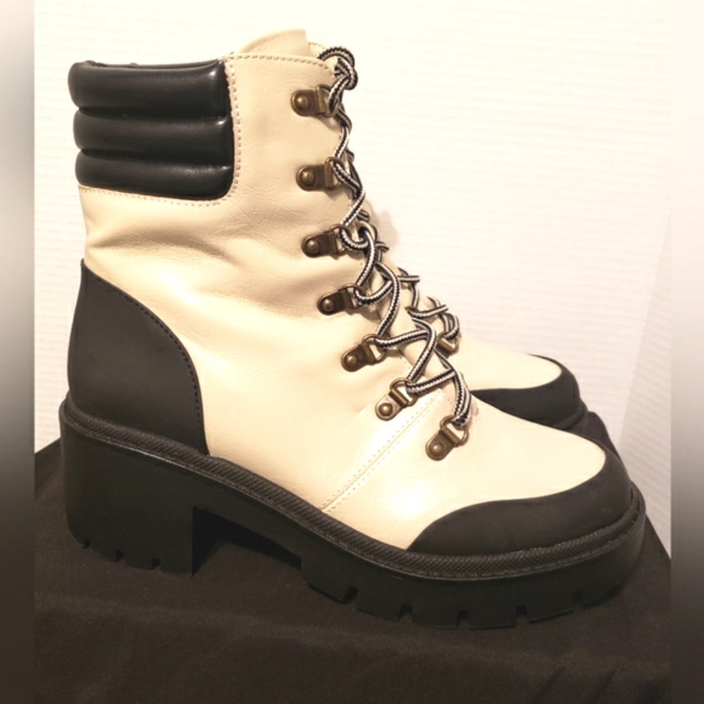 Michael Shannon Cream And Black Lace Up Combat Boot With Block Heel 10
